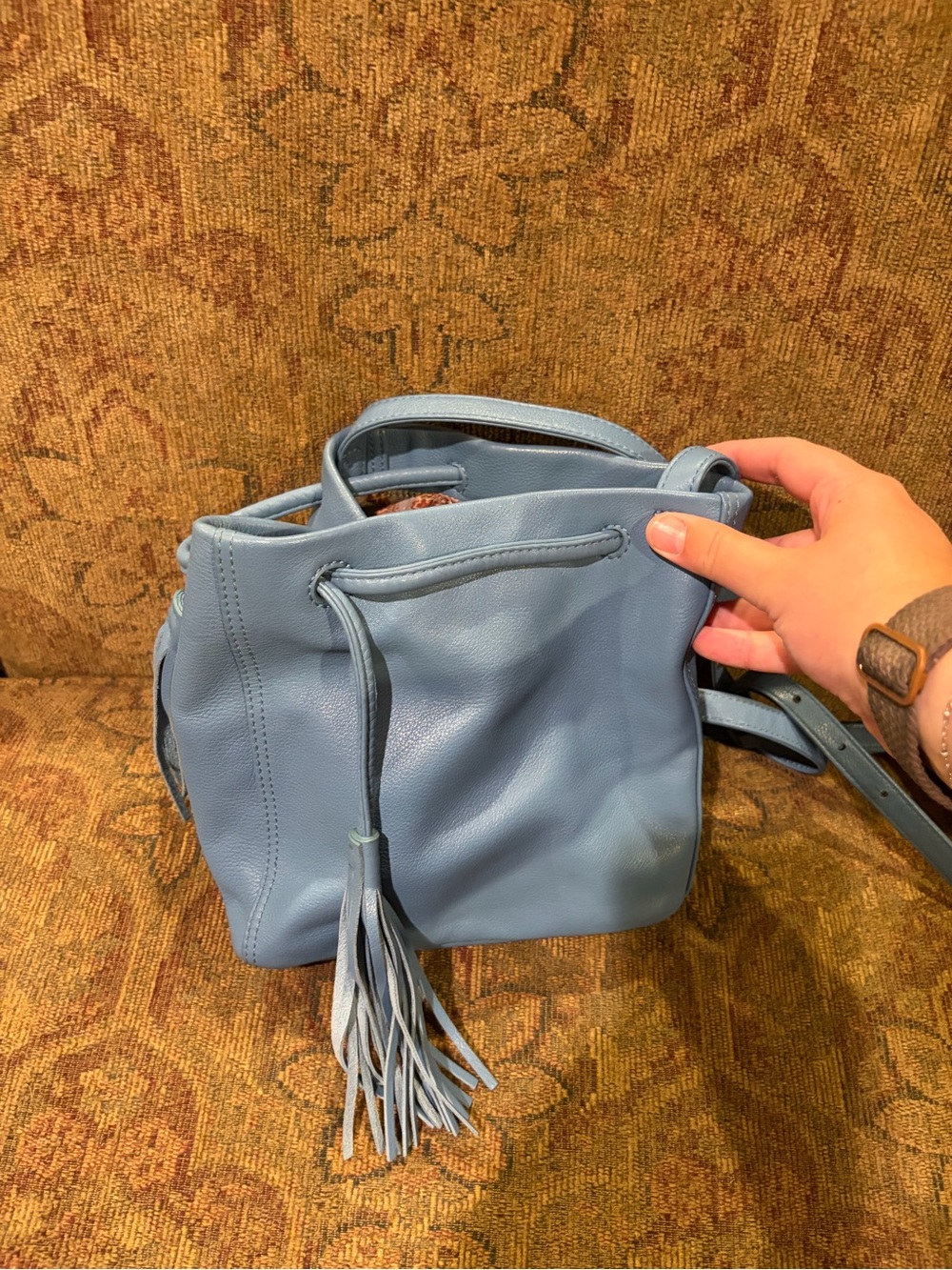 Classic Blue Leather Drawstring Bucket Bag with Tassel